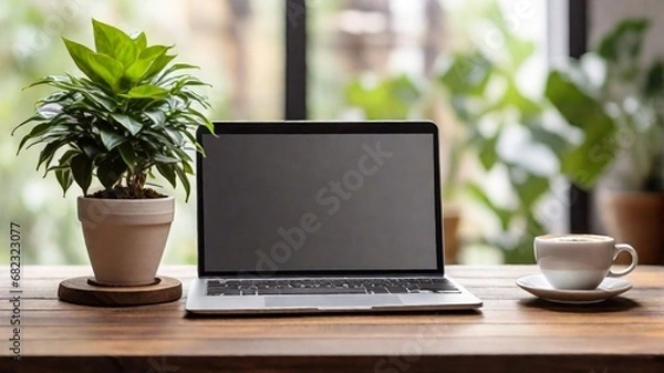Fototapeta cup of coffee  with leptop on the table