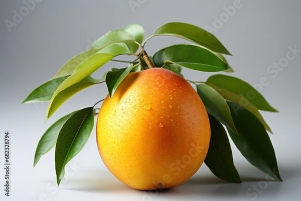 Fototapeta  a close up of an orange on a branch with leaves on a white background with a gray back ground and a gray back ground with a gray back droplet.