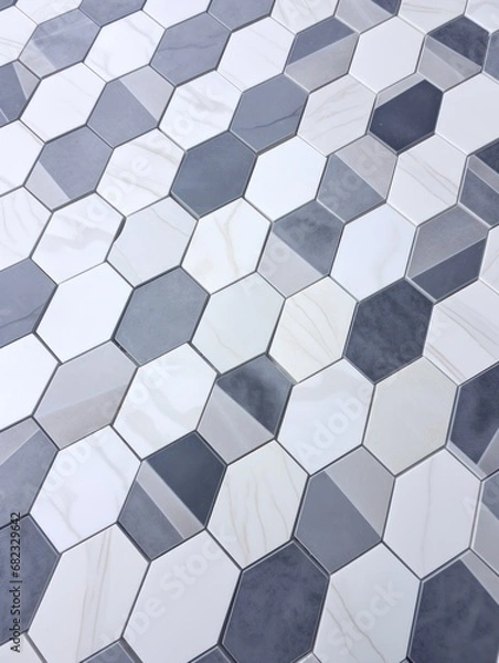 Fototapeta  a close up of a tiled floor with hexagonal tiles in grey, white and grey colors and a black and white clock in the middle of the floor.