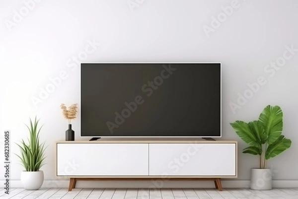 Fototapeta TV monitor with a black screen in a cozy bright modern home interior. Copy space mockup template television. Generative AI.