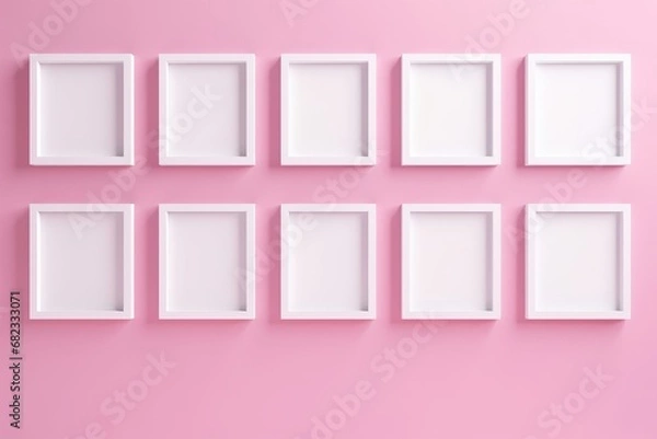 Obraz Ten wooden frames with a pictures or photos on pink wall in modern minimalistic home interior. Copy space white mockup template. Generative AI.
