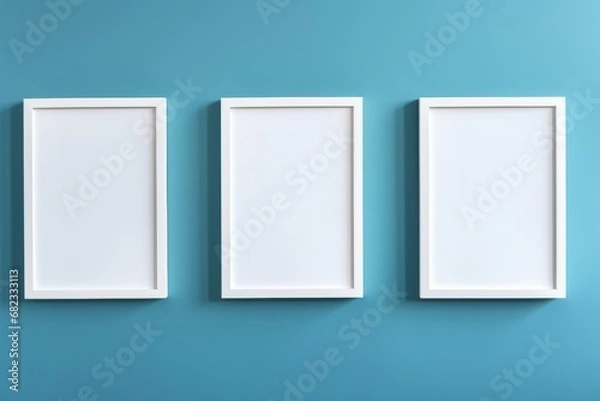 Obraz Three wooden frames with a pictures or photos on blue wall in modern minimalistic home interior. Copy space white mockup template. Generative AI.