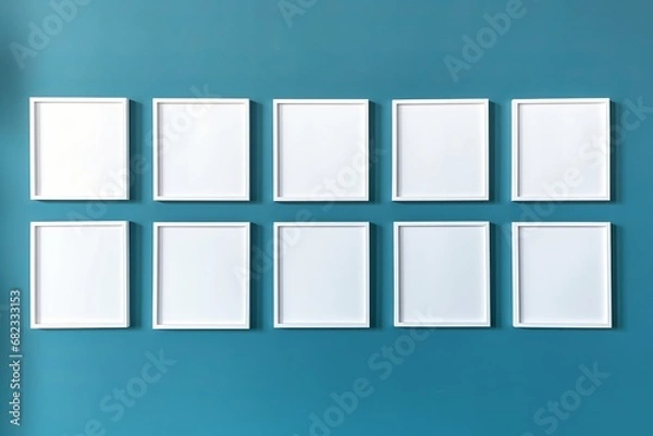 Obraz Ten wooden frames with a pictures or photos on blue wall in modern minimalistic home interior. Copy space white mockup template. Generative AI.