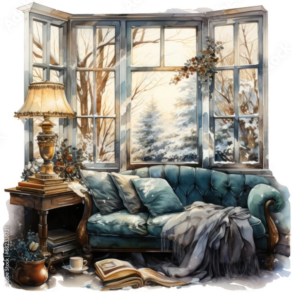 Fototapeta Winter cozy reading nook with a green sofa and lamp, vintage furnitures interior watercolor illustration isolated with a transparent background, light academia bookworm design