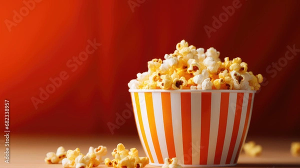Fototapeta popcorn in a bucket on red background with copy space 