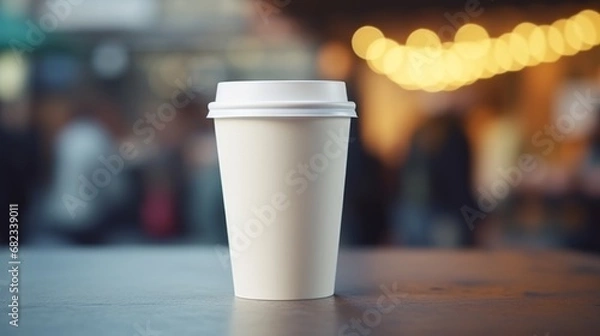 Obraz White paper biodegradable disposable cup with lid for hot drinks on a wooden table of street cafe. Tea or coffee to take away. Copy space mockup for logo design or text. Generative AI.