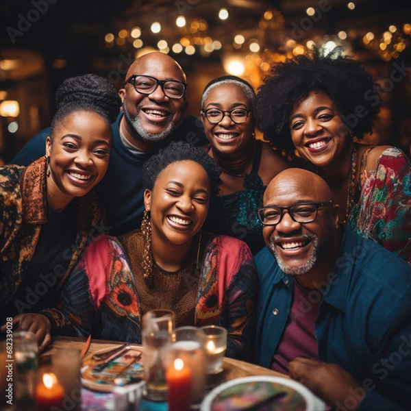 Obraz Multi-generational African American family enjoying a festive dinner together exuding warmth happiness and bonding in an elegant restaurant setting