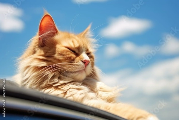 Fototapeta Happy cat looks out of the car window. Traveling with a pet.