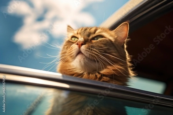 Fototapeta Happy cat looks out of the car window. Traveling with a pet.
