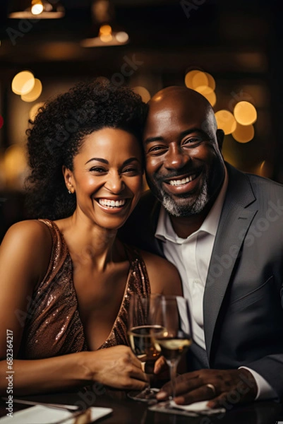 Fototapeta Smiling couple of African descent enjoying a romantic and elegant evening with wine at a fine dining restaurant great for relationship and lifestyle ads