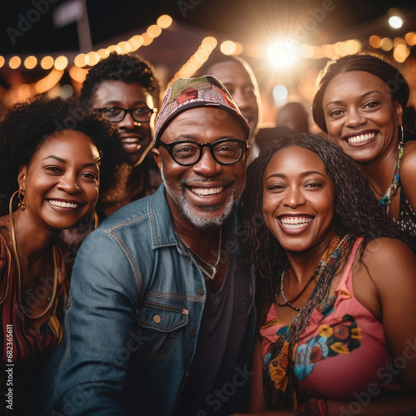 Obraz Group of happy Black friends celebrating together at a vibrant nighttime outdoor event showcasing diversity and joyful connections