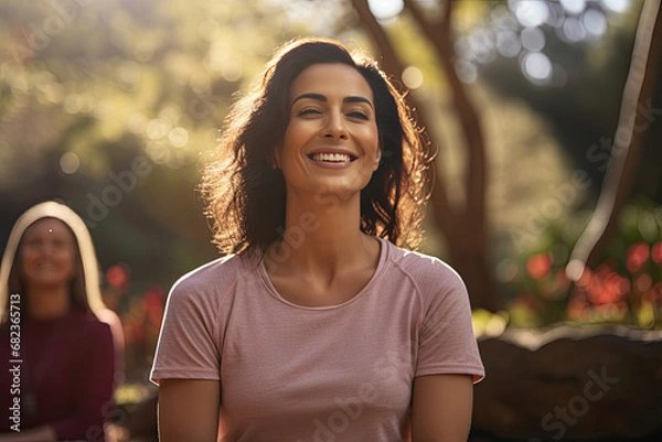 Obraz Smiling woman exuding happiness and relaxation in sunny park setting with friend implying lifestyle wellness and social connection themes