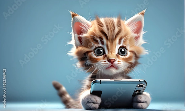 Fototapeta A cute cat holding a smartphone with both feet. Generative AI