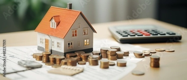 Obraz A playhouse with coins and a calculator on a desk table. Concept of economy. Generated with AI