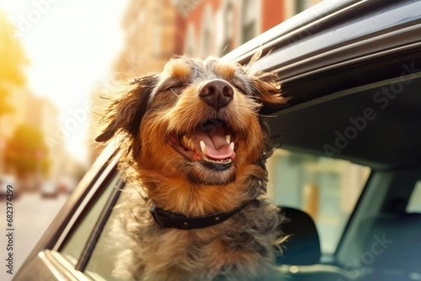 Fototapeta Happy dog looks out of the car window. Traveling with a pet.