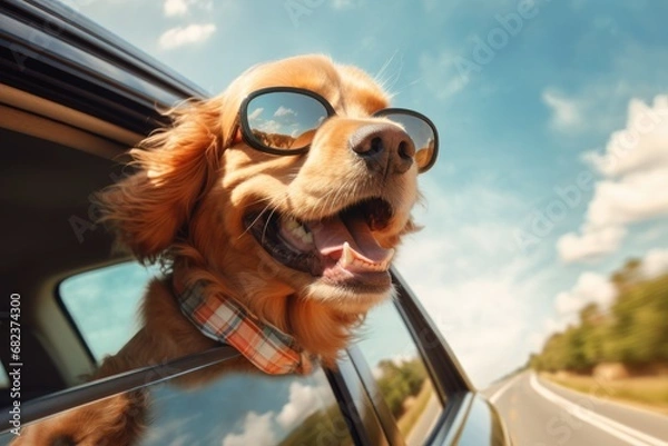 Fototapeta Happy dog looks out of the car window. Traveling with a pet.