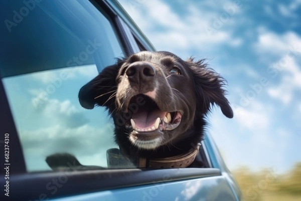 Fototapeta Happy dog looks out of the car window. Traveling with a pet.