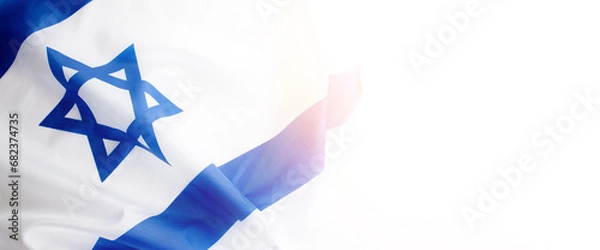 Fototapeta Banner with Official flag of Israel on a white background and empty space for text. Israeli flag for Jewish Holidays and independence day.