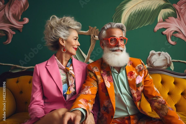 Obraz Portrait of a couple of stylish and happy gray-haired pensioners in a cozy and bright room, generated ai