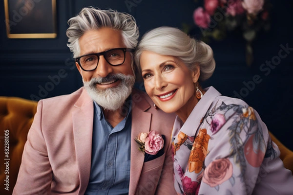 Obraz Portrait of a couple of stylish and happy gray-haired pensioners in a cozy and bright room, generated ai