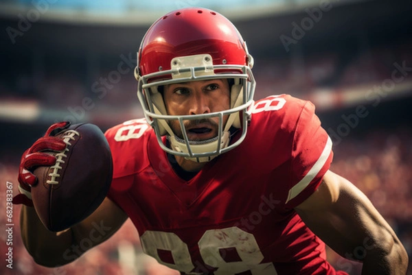 Fototapeta White American football player in a red uniform runs with the ball during a match