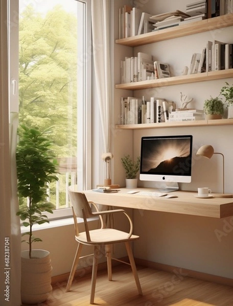 Fototapeta A desk area with a computer, calm atmosphere, home office, modern
