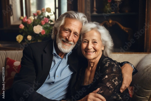 Obraz Portrait of a couple of stylish and happy gray-haired pensioners in a cozy and bright room, generated ai