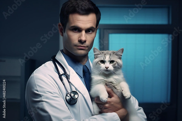 Obraz Portrait of a veterinarian man with a cat in his arms in a hospital, generated ai