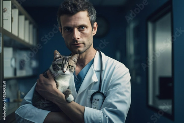 Obraz Portrait of a veterinarian man with a cat in his arms in a hospital, generated ai