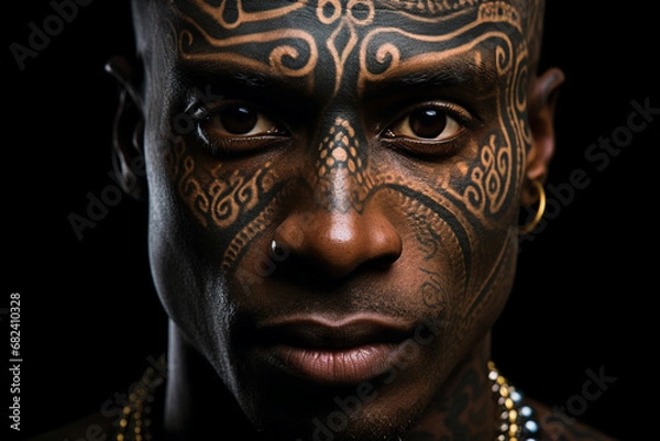 Fototapeta Brutal appearance man all body covered with tattoo dangerous type Generative IA picture portrait