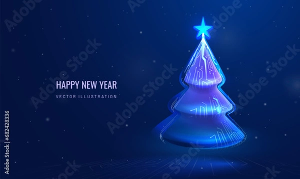 Obraz Christmas tree in technological style. Futuristic cyber Happy New Year greeting card. Winter holiday background