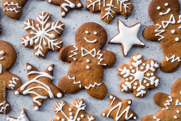 Fototapeta Homemade gingerbread Christmas cookies in icing sugar. Delicious gingerbread cookies on the background of a bokeh of Christmas tree lights. Freshly baked Christmas gingerbread cookies.