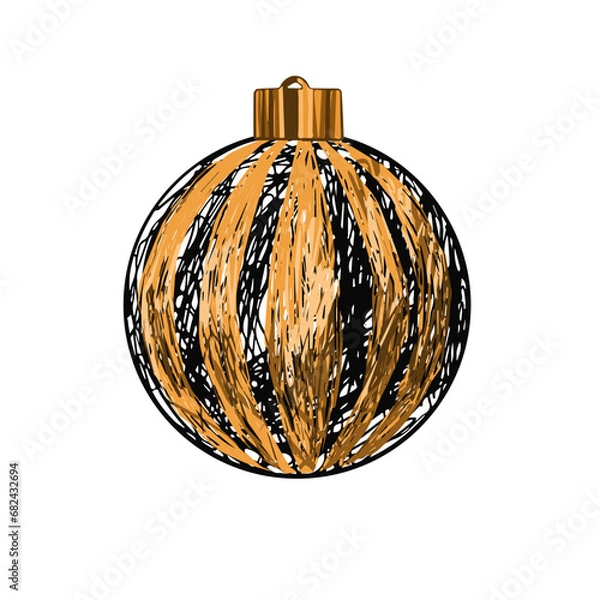 Fototapeta Christmas tree toy, graphic textured ball of black lines with bright gold stripes. Isolated vector object on a white background. Design element of New Year's sale banner, print, postcard, invitation