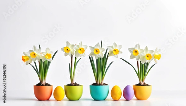 Fototapeta Cute narcissus flowers with colorful easter eggs isolated on white with copy space