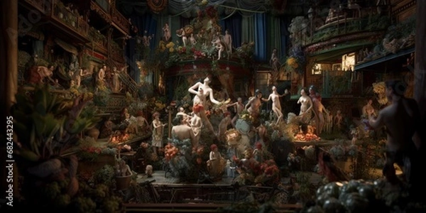 Obraz Renaissance-style richly colored painting of a crowded bacchanalia in a baroque overdecorated palace, ornamental plants, bokeh, tenebrism. From the series “Art Film - Color.”