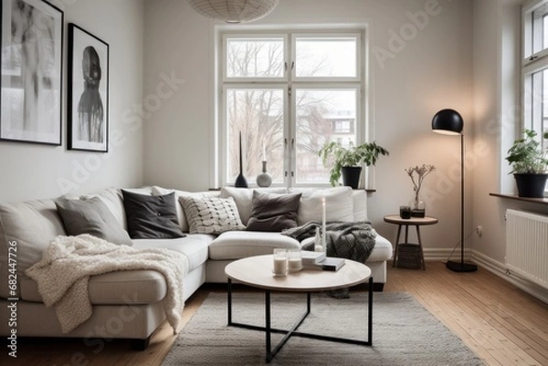 Fototapeta A light-filled living space with seamless transitions between the kitchen, dining, and lounge areas, creating an inviting open-concept layout