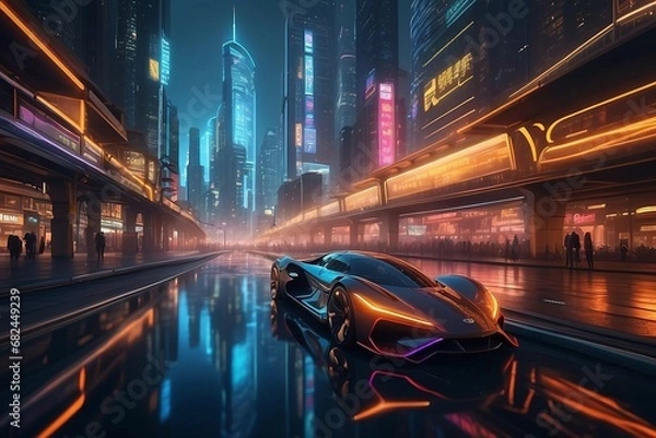 Fototapeta Neon Horizons: Futuristic Urban Thrills with Futuristic Vehicles