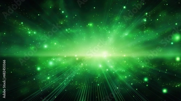 Fototapeta A stunning display of colorful neon glow lights and flashes, complemented by flying design elements, set against a vibrant green background.