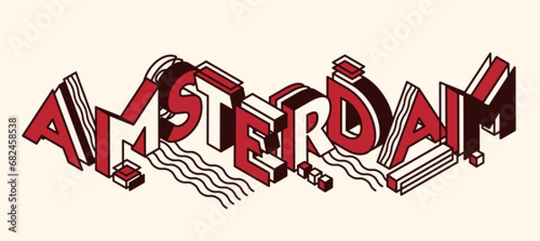 Obraz Amsterdam isometric lettering. Stock vector illustration for poster, banner, print, greeting card. White, red, black colors of Amsterdam flag. Creative logo, icon for capital of Netherlands