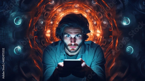 Fototapeta The concept of mental health due to information overload and internet addiction. Social networks, gambling addiction, web surfing, hypnosis effect