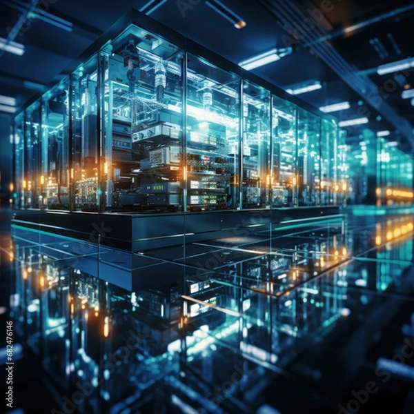 Fototapeta New future technology, futuristic environments, cyber space. science, development background. huge spaces with servers in blue color. Copy space. square