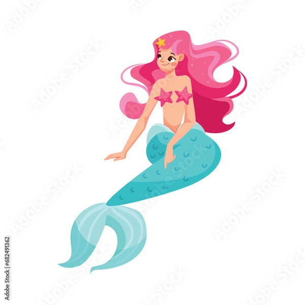 Fototapeta Mermaid with Pink Hair and Fish Tail as Good Fairytale Character Vector Illustration