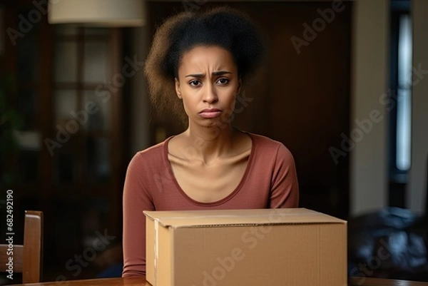 Obraz Unhappy woman at home holding cardboard box, unhappy with delivery or purchase.