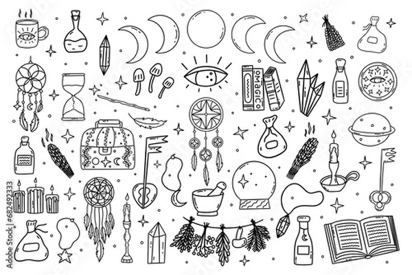 Fototapeta Set of magical elements. Hourglass, books and herbs, dream catcher and candles, magic wand and crystals, third eye. Black and white vector isolated illustration hand drawn doodle collection