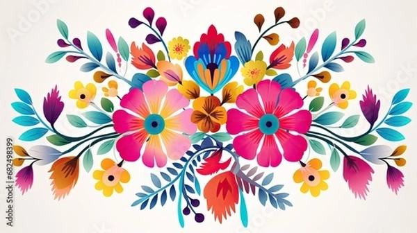 Obraz a Mexican floral design, bright and colorful, flat color graphic in a Festive-themed, horizontal format of graphic illustration in JPG. Generative ai