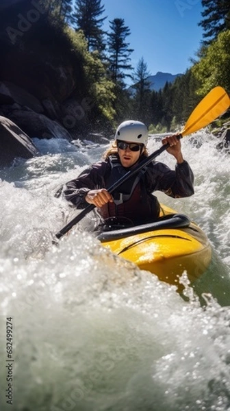 Obraz A kayaker navigating through rough white water rapids