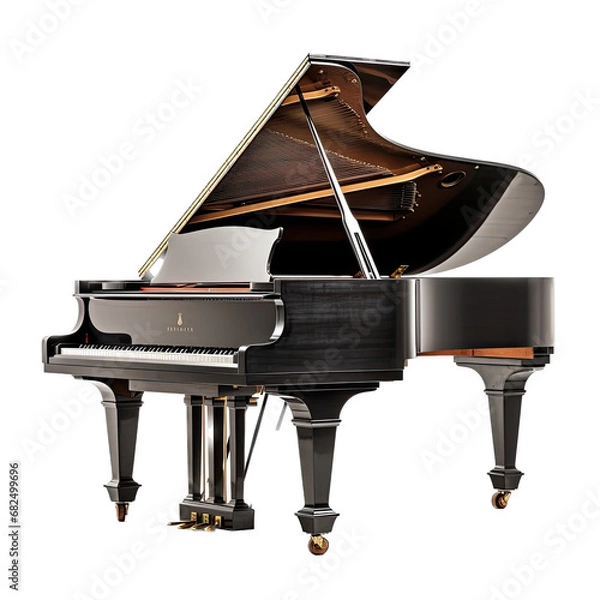 Obraz a baby grand piano, 3/4 view in an isolated and transparent PNG in a Pet-themed, photorealistic illustration. Generative ai