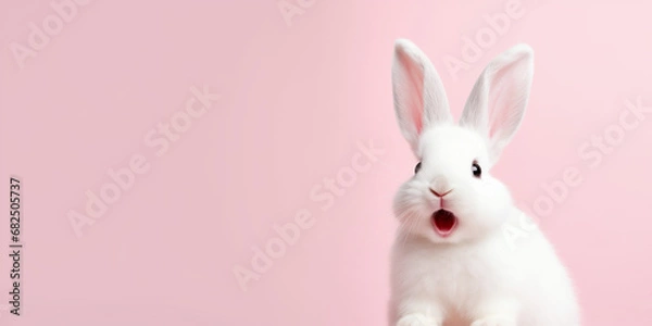 Fototapeta Cute Easter Bunny Pet Rabbit With Copy Space For Easter Background, Isolated White Bunny Background, Pastel Colors, Easter Celebration
