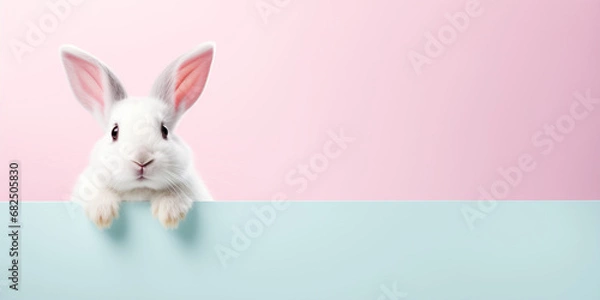 Fototapeta Cute Easter Bunny Pet Rabbit With Copy Space For Easter Background, Isolated White Bunny Background, Pastel Colors, Easter Celebration