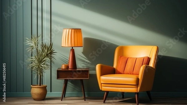 Fototapeta Explore vintage charm with clean minimalist surfaces, retro furniture design, and decor inspired by architectural beauty in an interior magazine.